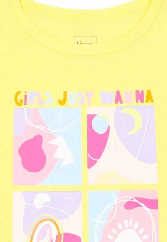 Polera niña amarilla Girls Just Wanna - detalle estampado
