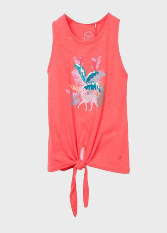 Polera niña coral sin mangas estampado tropical - detalle