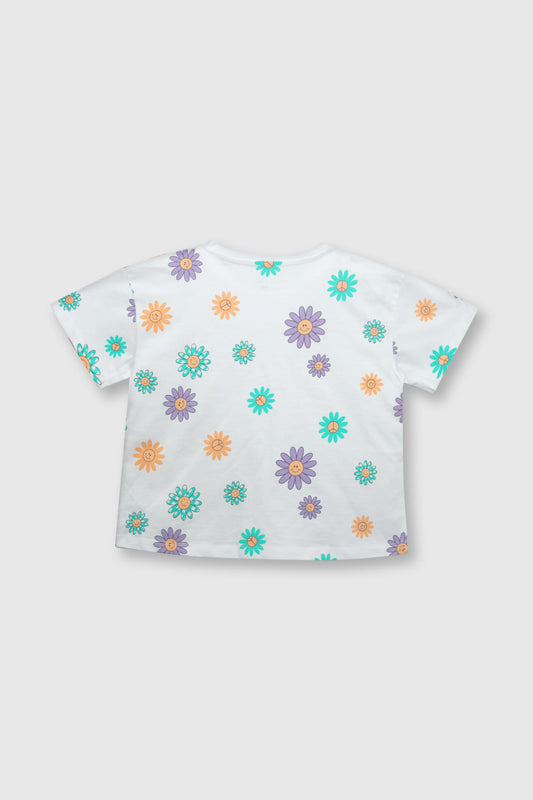 Polera niña blanca estampado flores - detalle