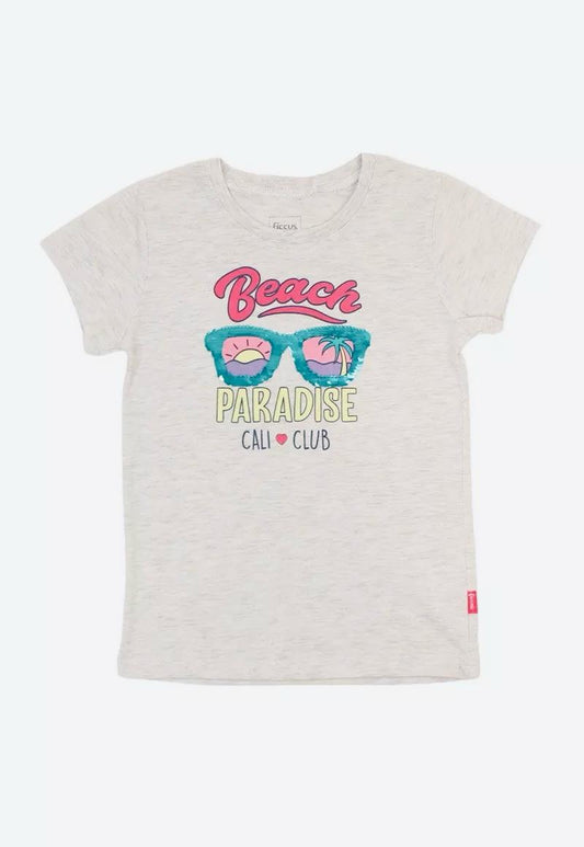 Polera niña gris melange Beach Adventures Club - detalle estampado