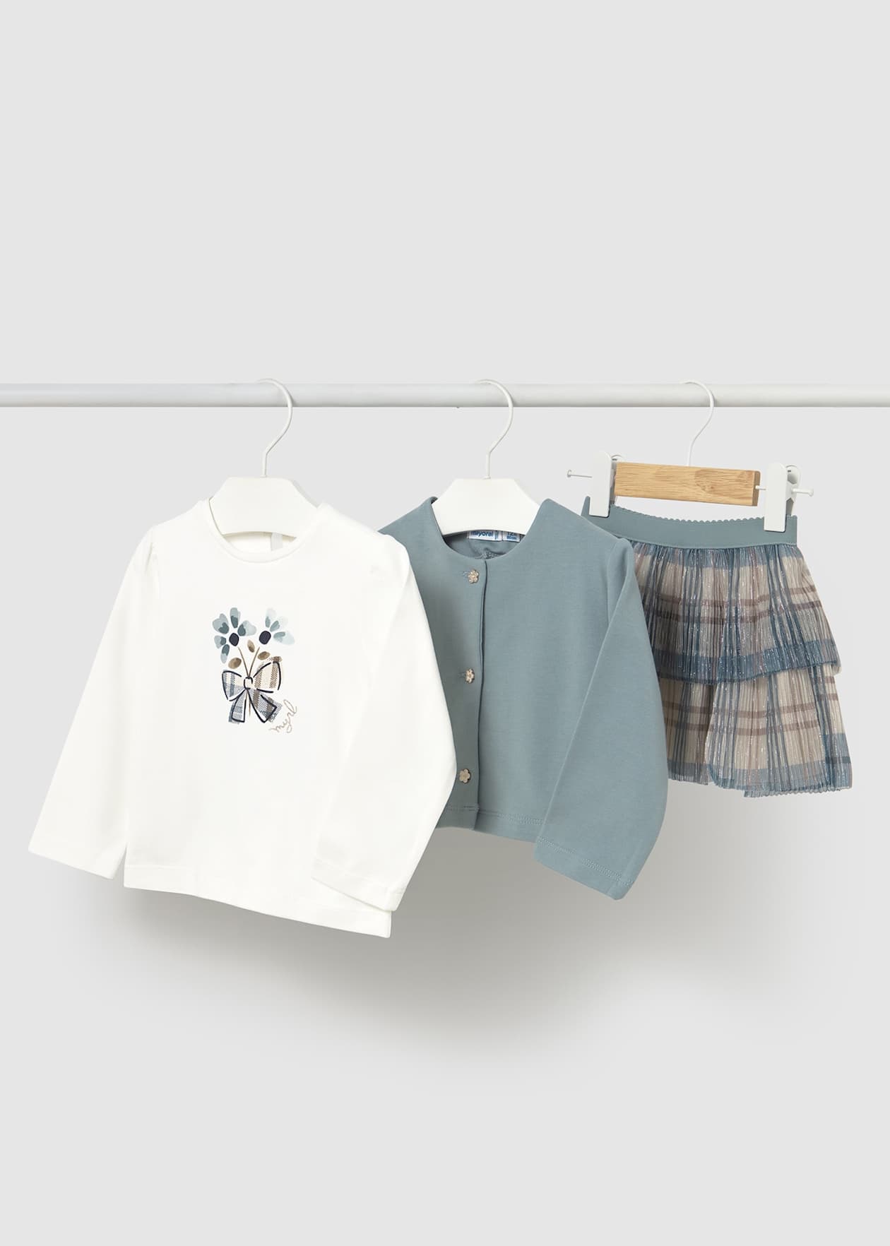 CONJUNTO NIÑA 3 PIEZAS CHALECO POLERA FALDA BLUE MAYORAL