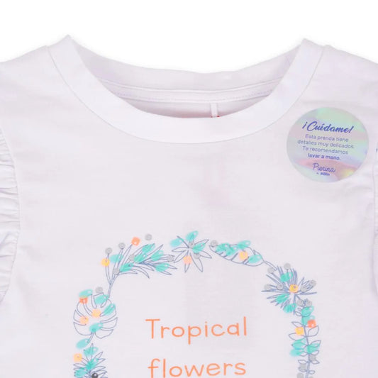 Polera niña blanca Tropical Flowers - detalle